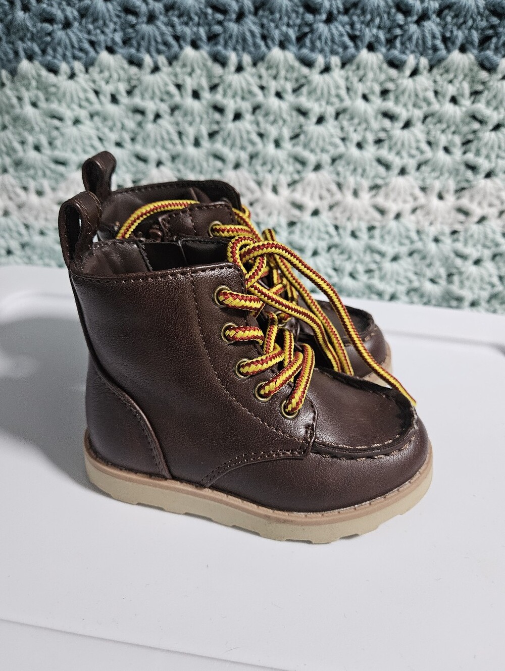 Cat & Jack Brown Kids Lace-Up Boots with Yellow-Trim Laces
